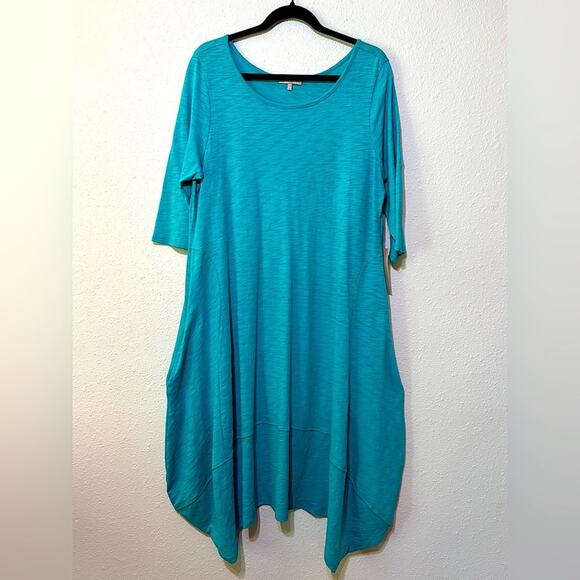 Habitat NWT Artist Midi Dress Turquoise Slub Cotton Balloon Hem w/ Pockets M - Picture 1 of 7